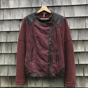 Burgundy moto jacket wit faux-leather accents